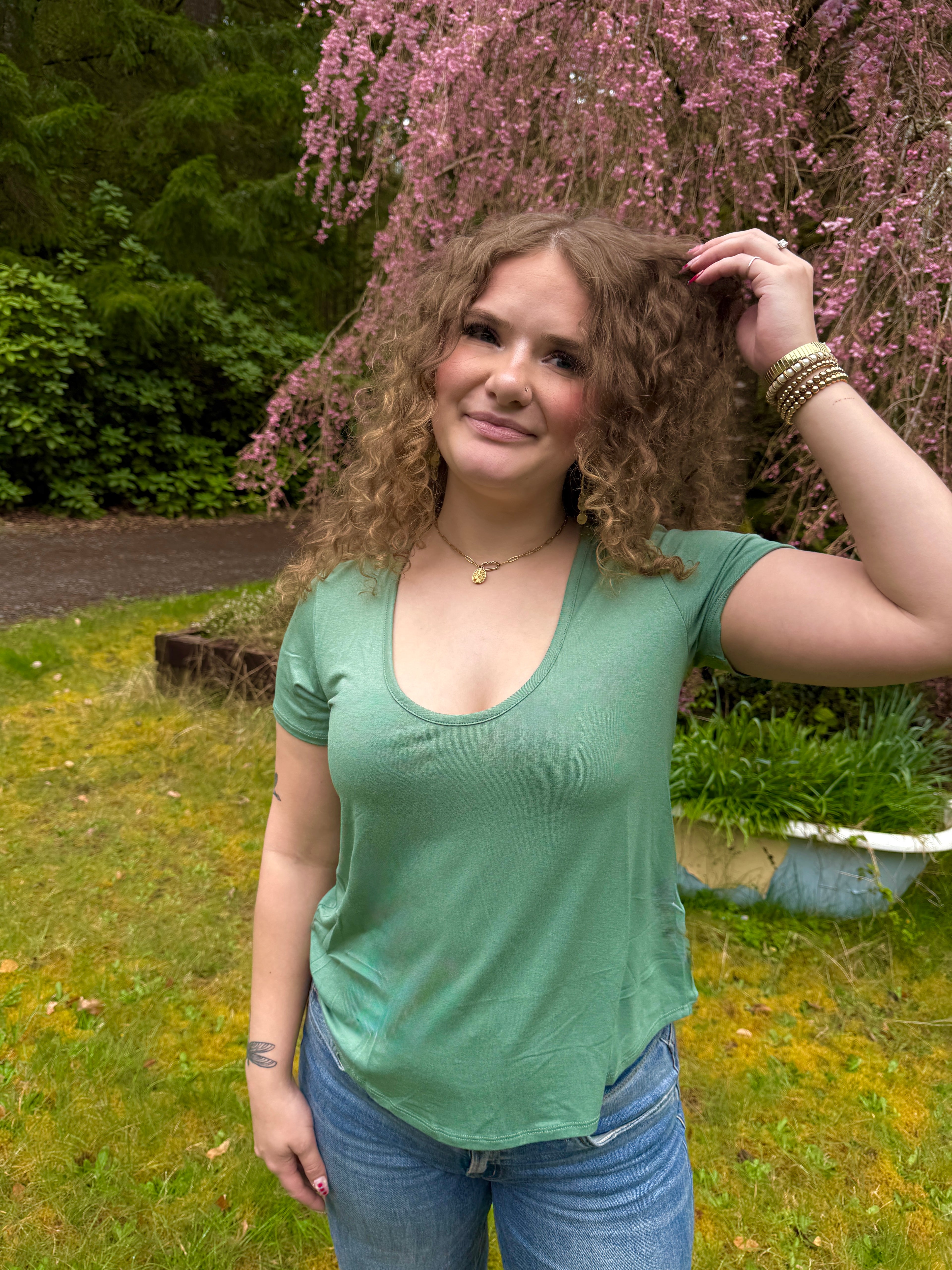 Scoop Neck Bralette Tee - Sage TBN