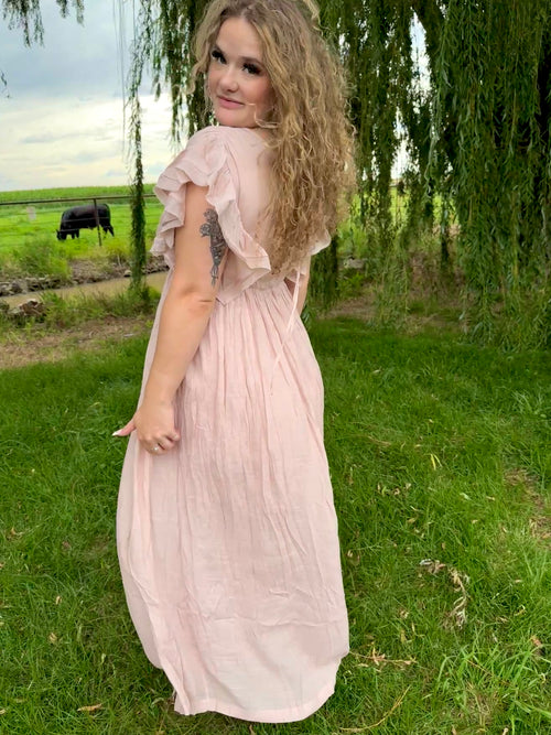 Deep V Neckline Ruffle
Maxi Dress