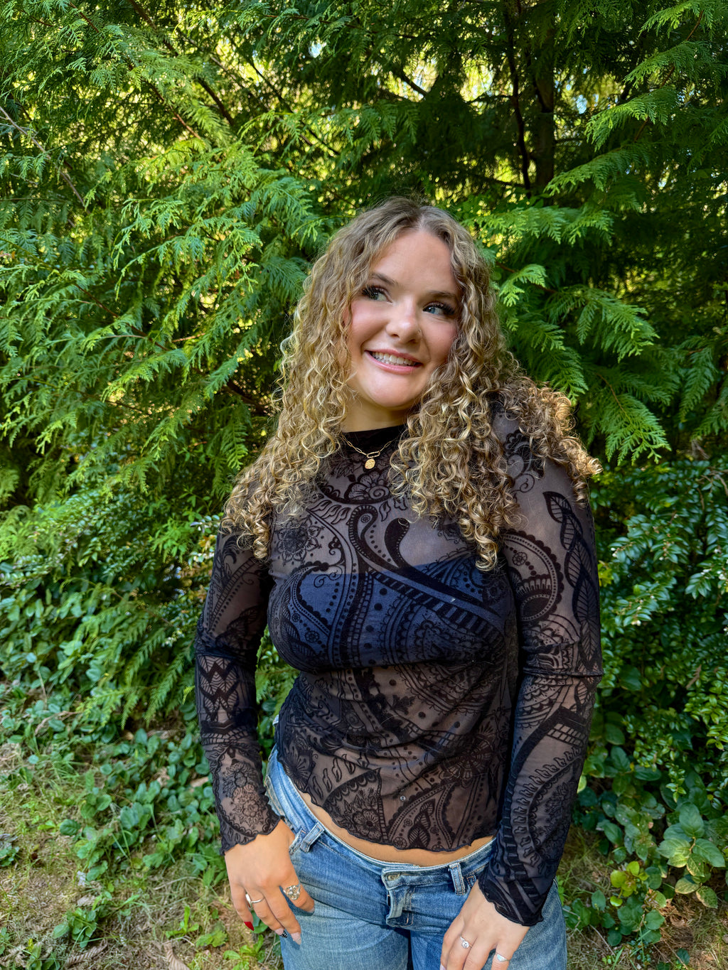 Paisley Velvet Print Mesh Top