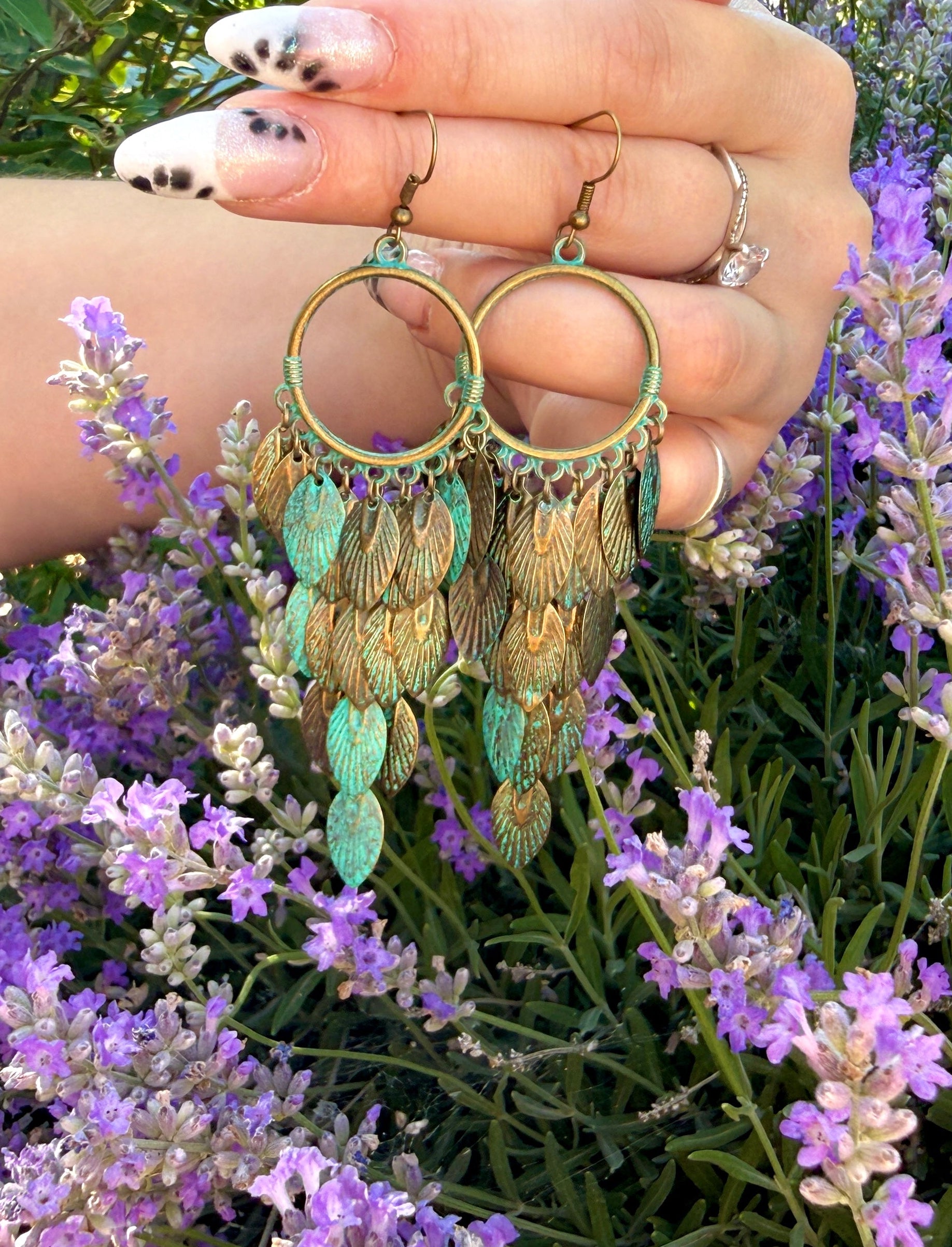 Teal leaf fringe earrings