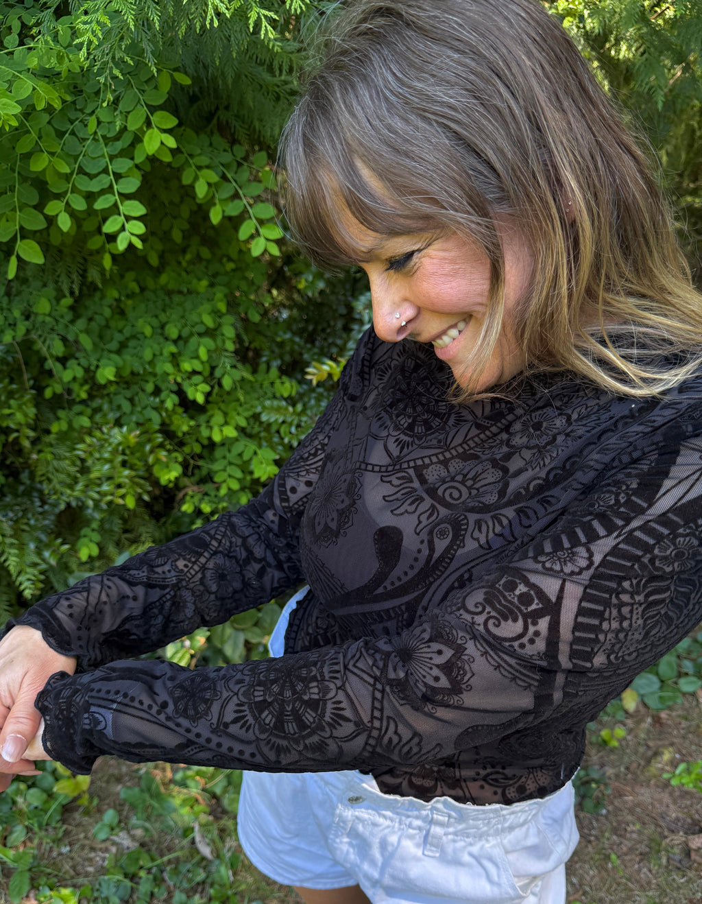 Paisley Velvet Print Mesh Top