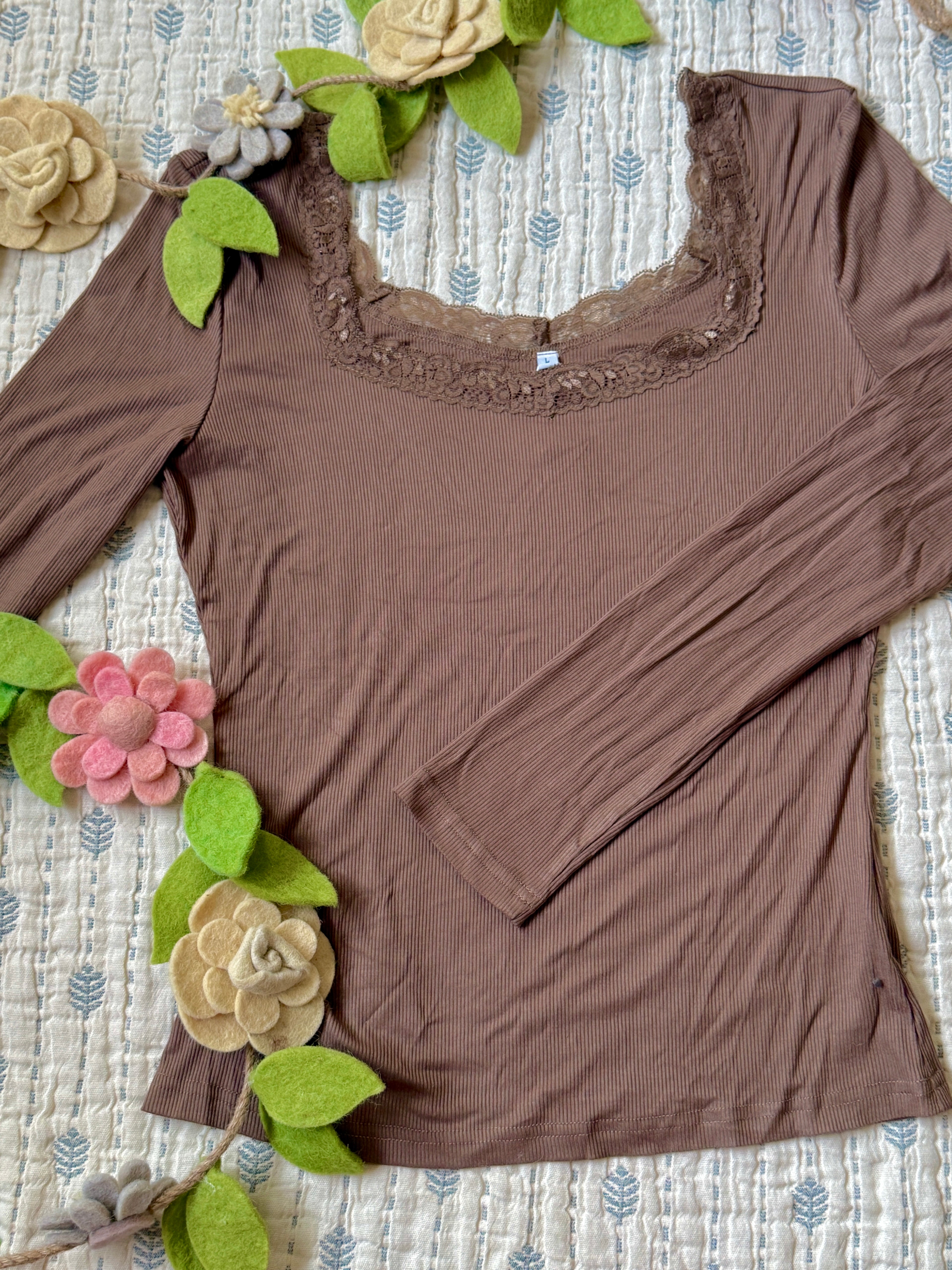 Square Neck Long Sleeve Ribbed Lace Top - Coffee