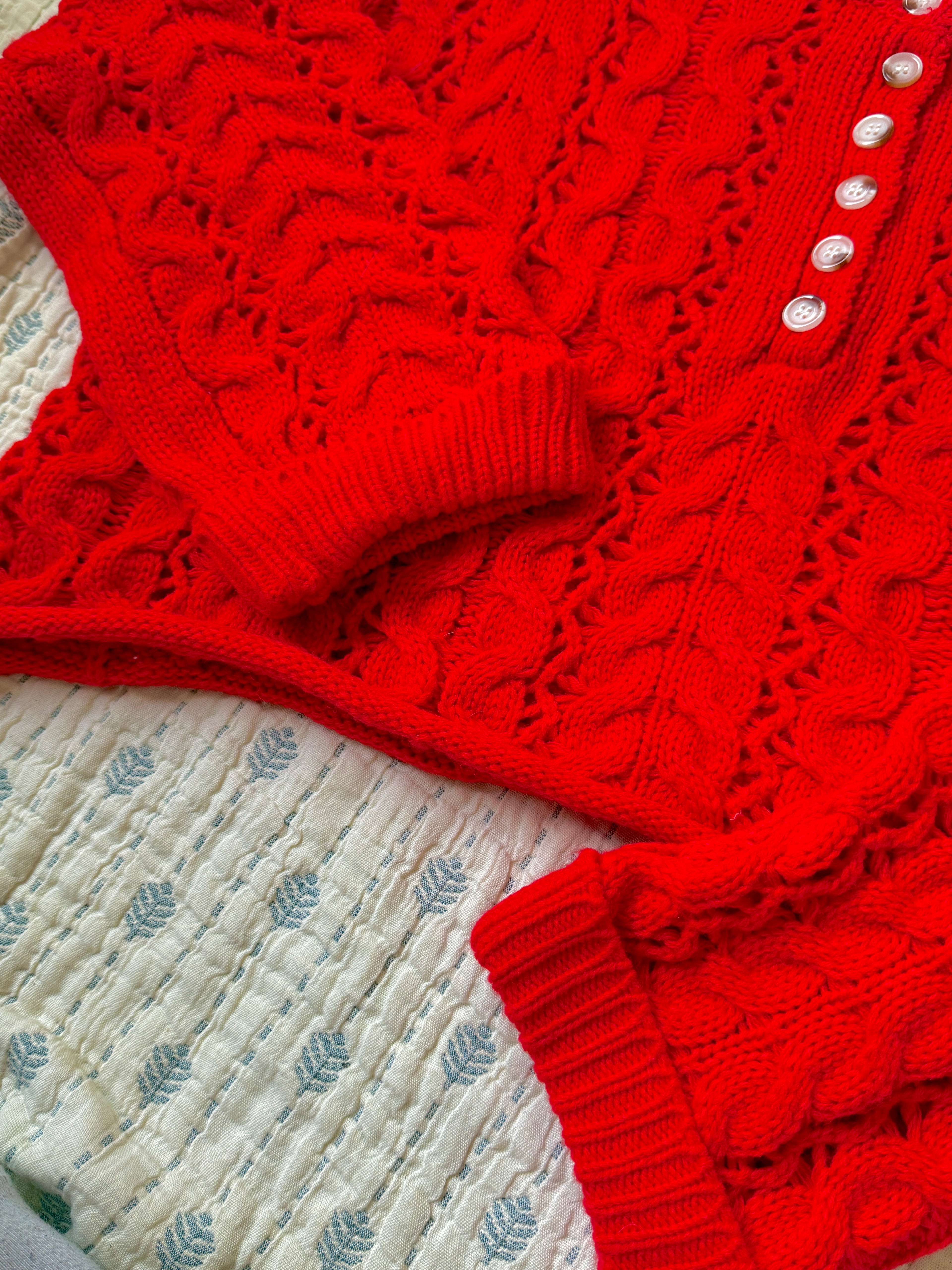 Cropped Button Pullover Sweater - Red