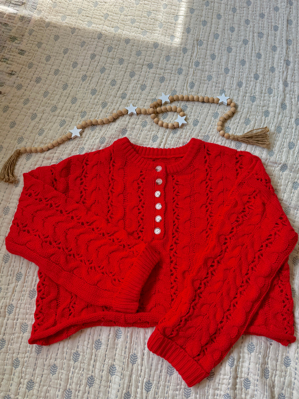Cropped Button Pullover Sweater - Red