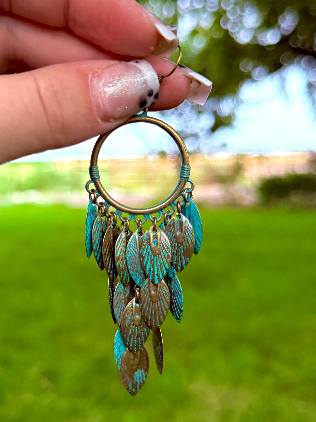 Teal leaf fringe earrings