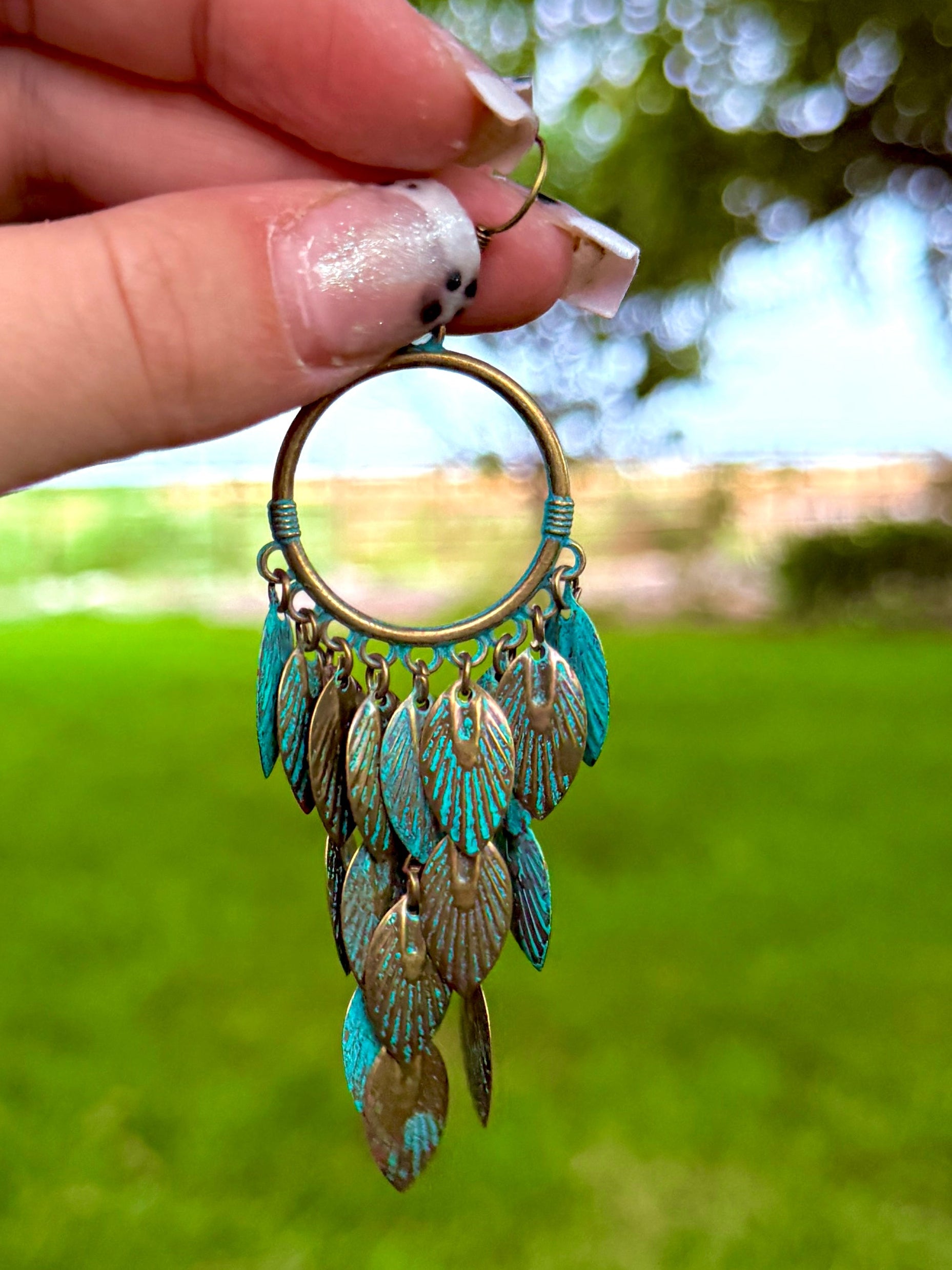 Teal leaf fringe earrings