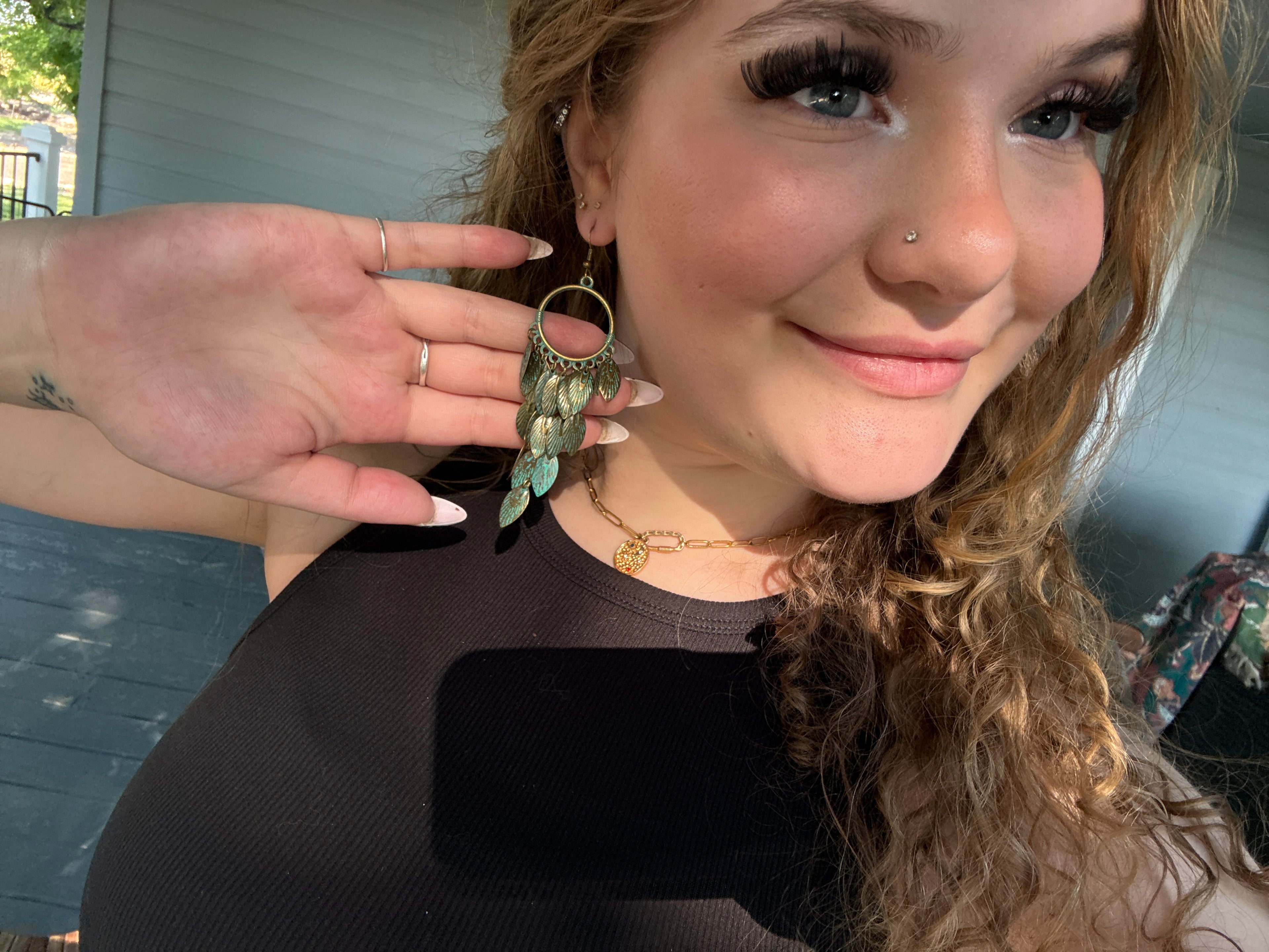 Teal leaf fringe earrings