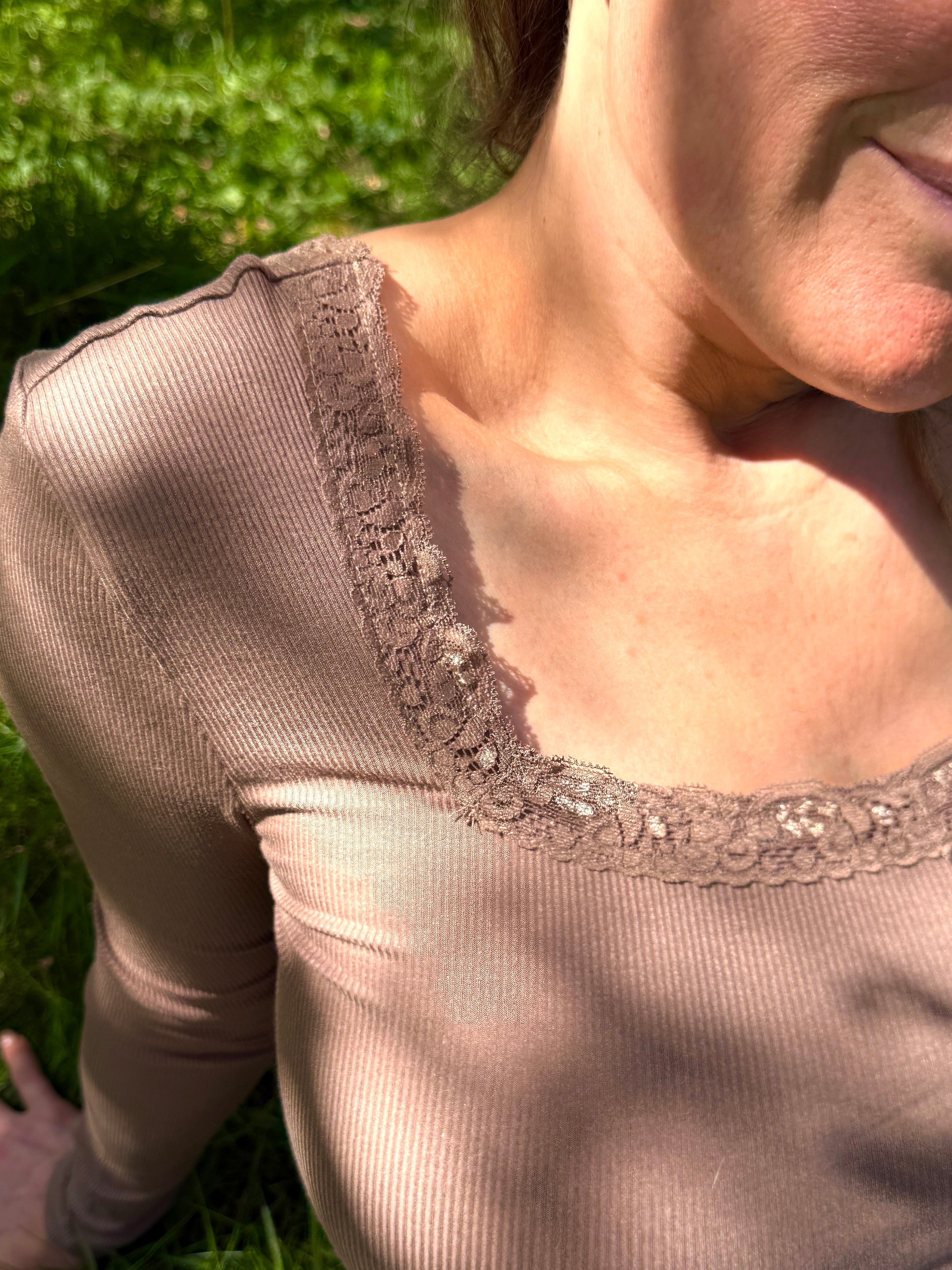 Square Neck Long Sleeve Ribbed Lace Top - Coffee