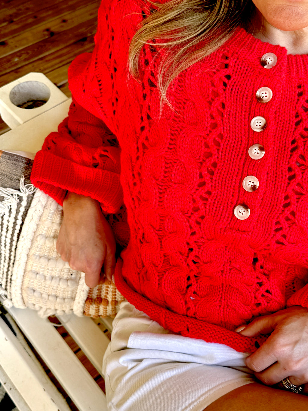 Cropped Button Pullover Sweater - Red