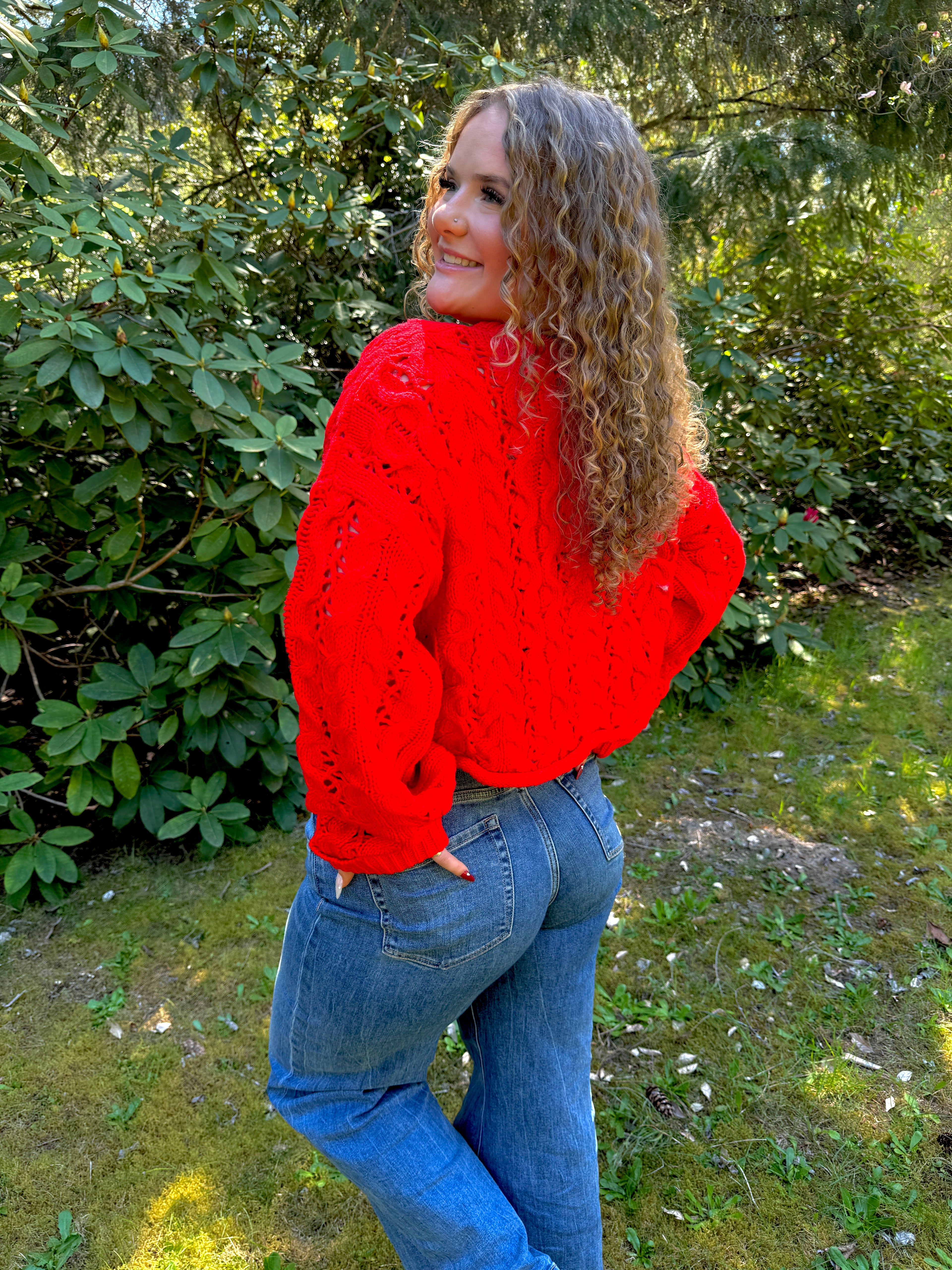 Cropped Button Pullover Sweater - Red