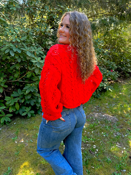 Cropped Button Pullover Sweater - Red