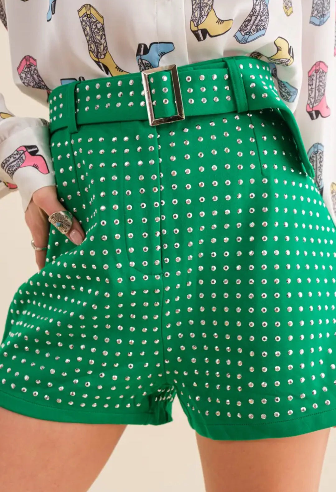 Rhinestone Belted Shorts